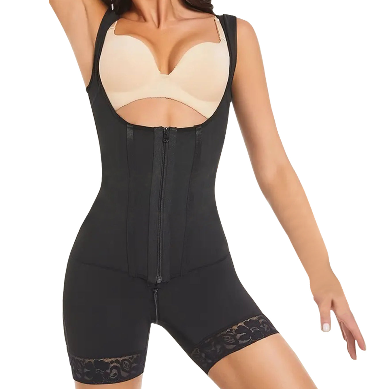 High Compression Shapewear with Front Zipper and Mid Thigh