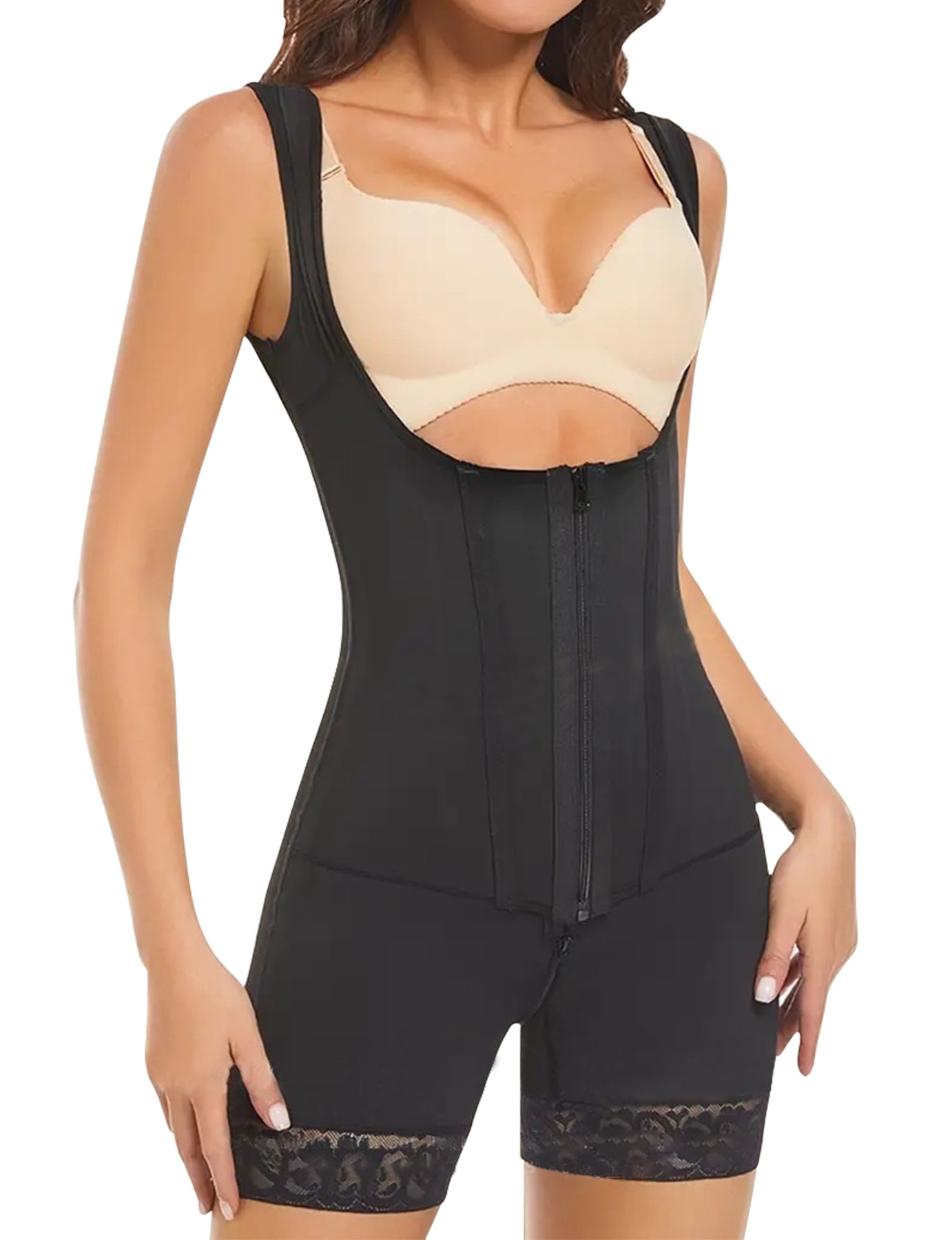 High Compression Shapewear with Front Zipper and Mid Thigh
