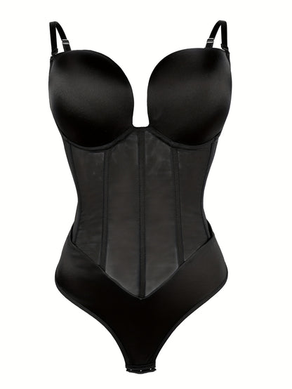 Women's Tummy Control Thong Sheer Mesh Corset Top Backless Bodysuits