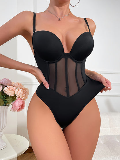Women's Tummy Control Thong Sheer Mesh Corset Top Backless Bodysuits