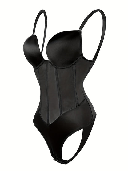 Women's Tummy Control Thong Sheer Mesh Corset Top Backless Bodysuits