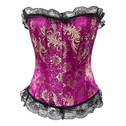 Lace Trim Elegant Royal Red Festive Bodysuit With High Waist And Bust Support, Corset Style