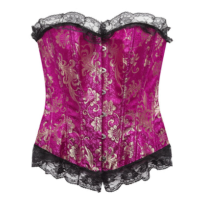 Lace Trim Elegant Royal Red Festive Bodysuit With High Waist And Bust Support, Corset Style