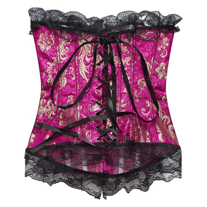 Lace Trim Elegant Royal Red Festive Bodysuit With High Waist And Bust Support, Corset Style