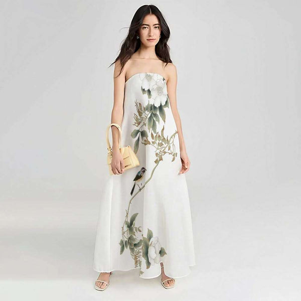 Elegant Cotton and Linen Strapless Maxi Dress, Exude Natural Charm - podsforgirl 